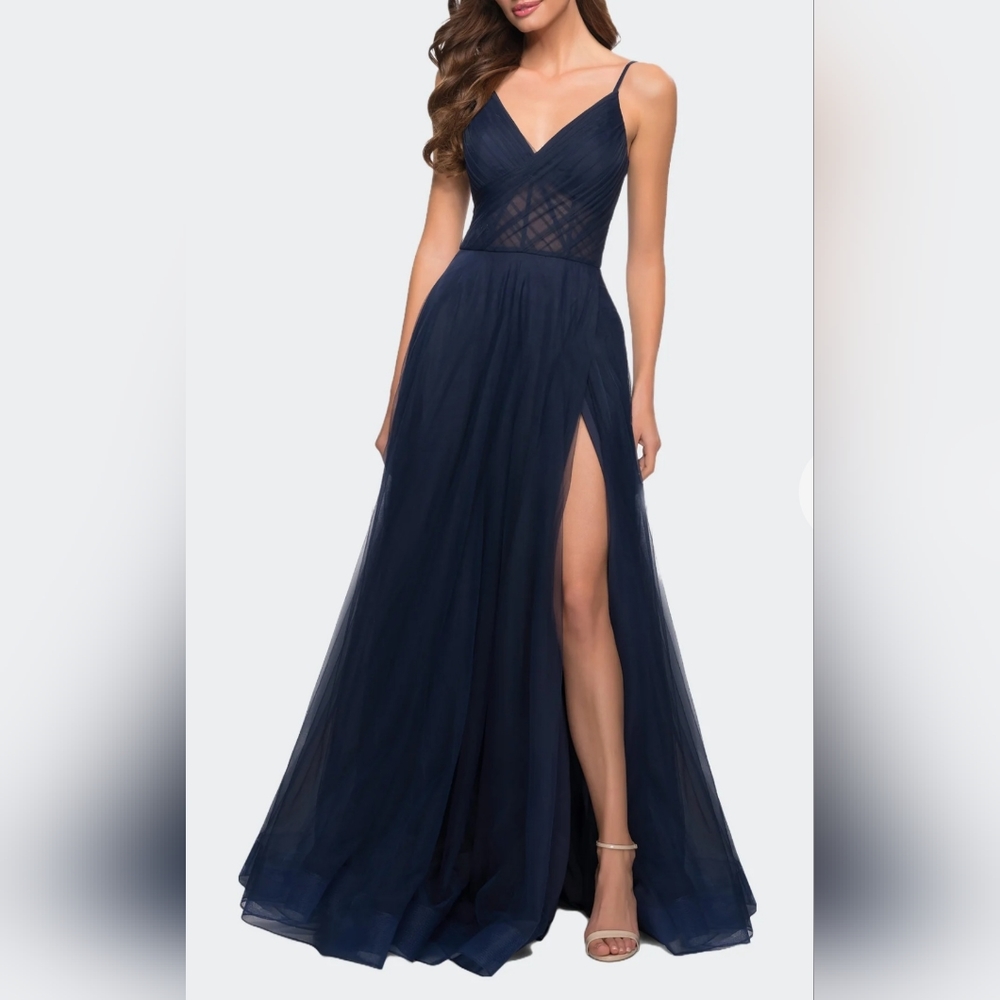 La Femme Navy Blue Side Slit Illusion A-Line Tulle Ballgown Size 4 NWT